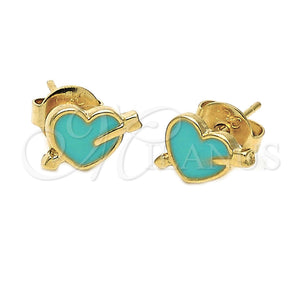 Arete Dormilona 02.64.0282 *PROMO* Oro Laminado, Diseño de Corazón, Esmaltado Turquesa, Tono Dorado