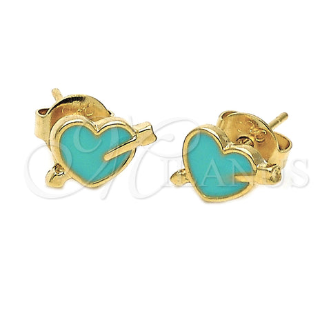 Arete Dormilona 02.64.0282 *PROMO* Oro Laminado, Diseño de Corazón, Esmaltado Turquesa, Tono Dorado