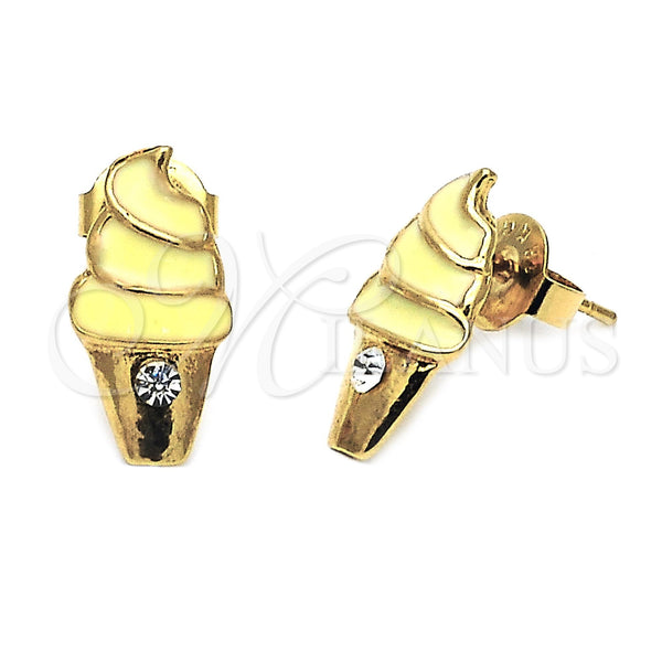 Arete Dormilona 02.64.0310 *PROMO* Oro Laminado, Diseño de Helado, con Blanca Cristal, Esmaltado Amarillo, Tono Dorado
