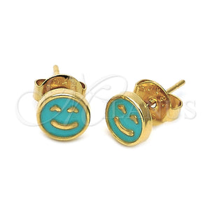 Arete Dormilona 02.64.0311 *PROMO* Oro Laminado, Diseño de Carita Feliz, Esmaltado Turquesa, Tono Dorado