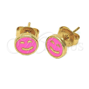 Arete Dormilona 02.64.0315 *PROMO* Oro Laminado, Diseño de Carita Feliz, Esmaltado Rosado, Tono Dorado