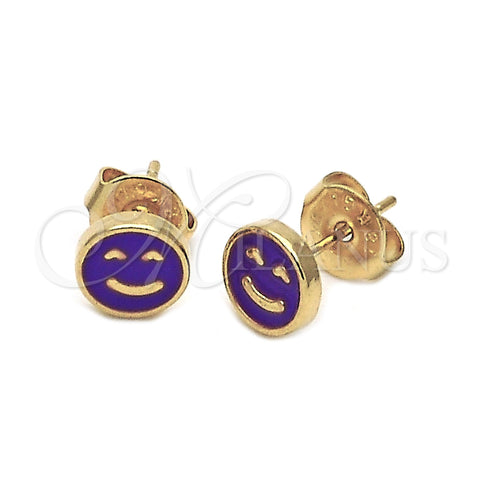 Arete Dormilona 02.64.0316 *PROMO* Oro Laminado, Diseño de Carita Feliz, Esmaltado Violeta, Tono Dorado