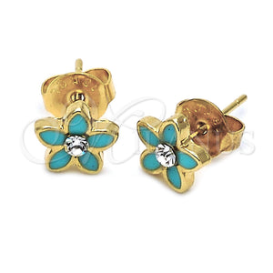 Arete Dormilona 02.64.0317 *PROMO* Oro Laminado, Diseño de Flor, con Blanca Cristal, Esmaltado Turquesa, Tono Dorado