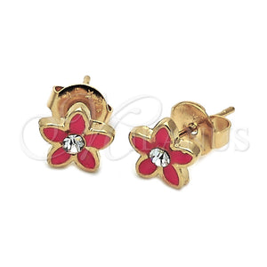 Arete Dormilona 02.64.0318 *PROMO* Oro Laminado, Diseño de Flor, con Blanca Cristal, Esmaltado Naranja, Tono Dorado