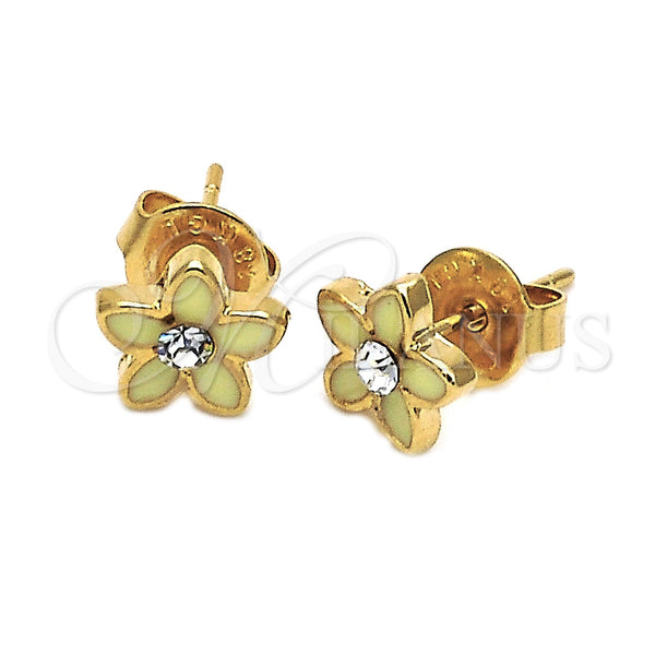 Arete Dormilona 02.64.0319 *PROMO* Oro Laminado, Diseño de Flor, con Blanca Cristal, Esmaltado Amarillo, Tono Dorado