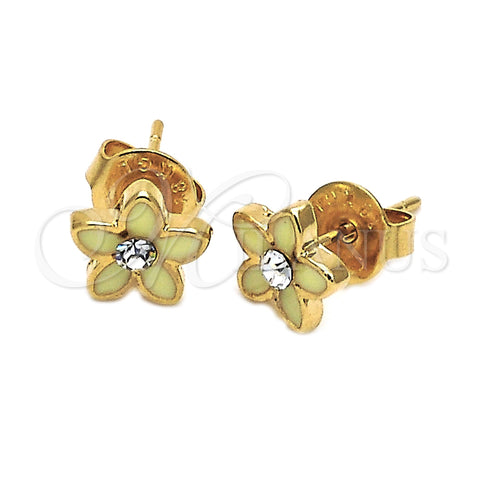 Arete Dormilona 02.64.0319 *PROMO* Oro Laminado, Diseño de Flor, con Blanca Cristal, Esmaltado Amarillo, Tono Dorado