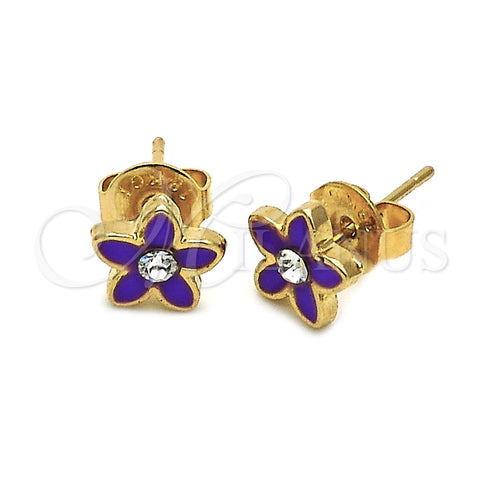 Arete Dormilona 02.64.0322 *PROMO* Oro Laminado, Diseño de Flor, con Blanca Cristal, Esmaltado Violeta, Tono Dorado