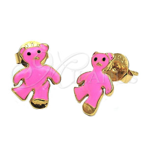Arete Dormilona 02.64.0330 *PROMO* Oro Laminado, Diseño de Osito, Esmaltado Rosado, Tono Dorado