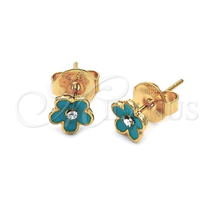 Arete Dormilona 02.64.0331 *PROMO* Oro Laminado, Diseño de Flor, con Blanca Cristal, Esmaltado Turquesa, Tono Dorado