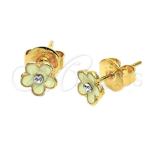 Arete Dormilona 02.64.0333 *PROMO* Oro Laminado, Diseño de Flor, con Blanca Cristal, Esmaltado Blanco, Tono Dorado