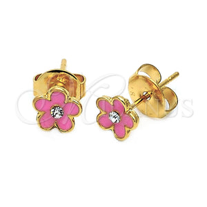 Arete Dormilona 02.64.0335 *PROMO* Oro Laminado, Diseño de Flor, con Blanca Cristal, Esmaltado Rosado, Tono Dorado