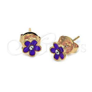 Arete Dormilona 02.64.0336 *PROMO* Oro Laminado, Diseño de Flor, con Blanca Cristal, Esmaltado, Tono Dorado