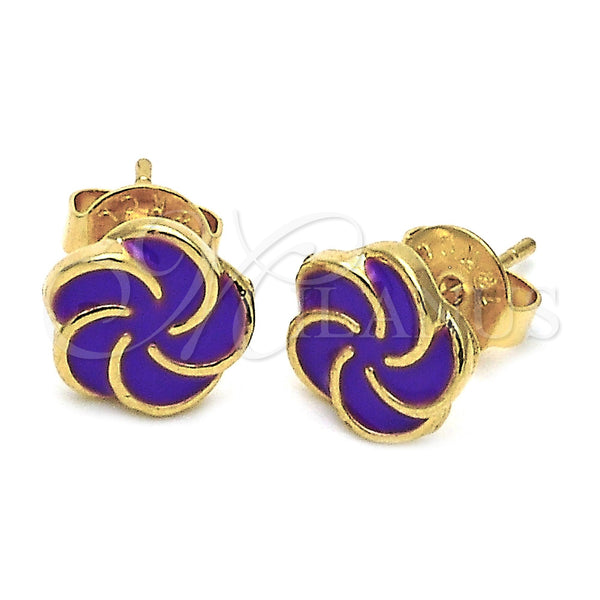 Arete Dormilona 02.64.0342 *PROMO* Oro Laminado, Diseño de Flor, Esmaltado Violeta, Tono Dorado