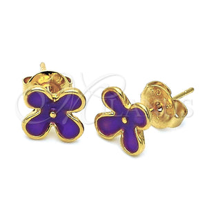 Arete Dormilona 02.64.0348 *PROMO* Oro Laminado, Diseño de Flor, Esmaltado Violeta, Tono Dorado