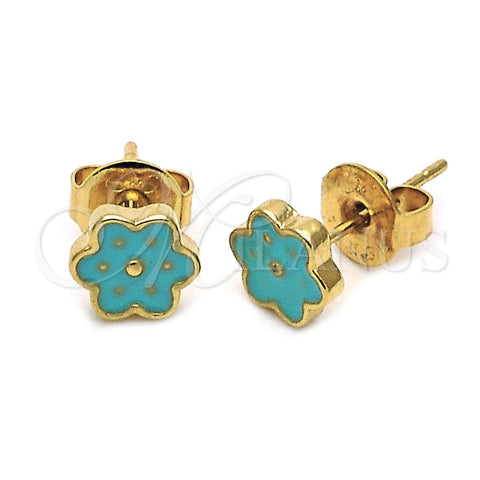 Arete Dormilona 02.64.0361 *PROMO* Oro Laminado, Diseño de Flor, Esmaltado Turquesa, Tono Dorado
