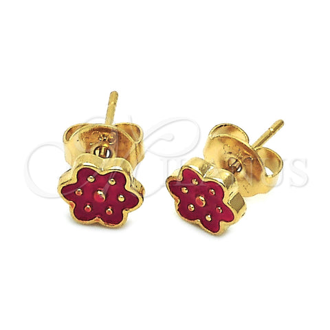 Arete Dormilona 02.64.0364 *PROMO* Oro Laminado, Diseño de Flor, Esmaltado Rojo, Tono Dorado
