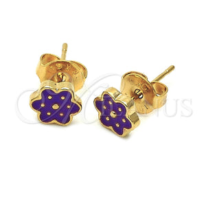 Arete Dormilona 02.64.0366 *PROMO* Oro Laminado, Diseño de Flor, Esmaltado Violeta, Tono Dorado