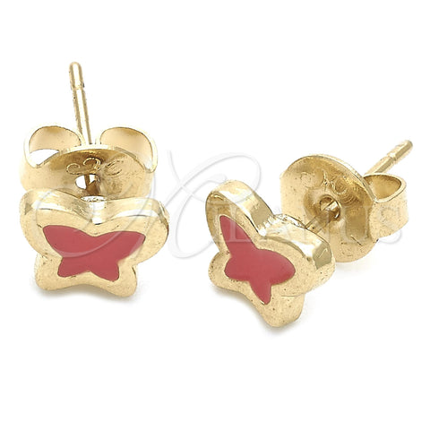 Arete Dormilona 02.64.0368 *PROMO* Oro Laminado, Diseño de Mariposa, Esmaltado Rosado, Tono Dorado
