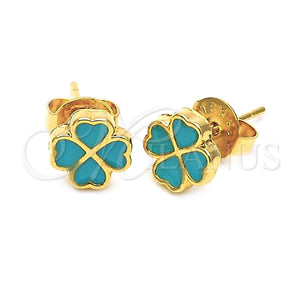 Arete Dormilona 02.64.0379 *PROMO* Oro Laminado, Diseño de Flor y Corazón, Esmaltado Turquesa, Tono Dorado
