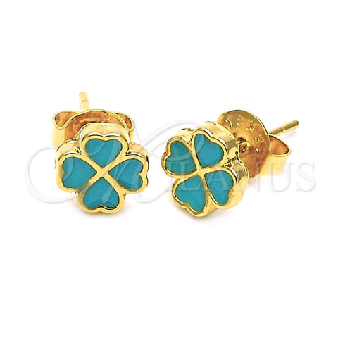 Arete Dormilona 02.64.0379 *PROMO* Oro Laminado, Diseño de Flor y Corazón, Esmaltado Turquesa, Tono Dorado