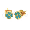 Arete Dormilona 02.64.0379 *PROMO* Oro Laminado, Diseño de Flor y Corazón, Esmaltado Turquesa, Tono Dorado