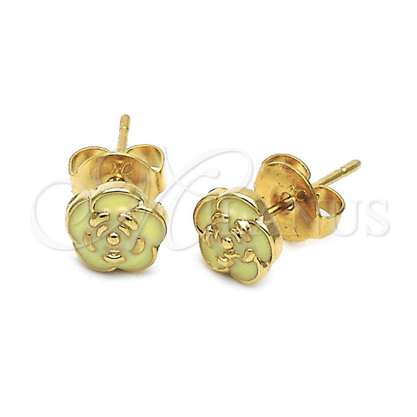 Arete Dormilona 02.64.0399 *PROMO* Oro Laminado, Diseño de Flor, Esmaltado Verde, Tono Dorado