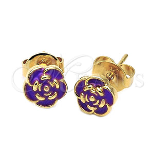 Arete Dormilona 02.64.0402 *PROMO* Oro Laminado, Diseño de Flor, Esmaltado Violeta, Tono Dorado