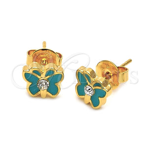 Arete Dormilona 02.64.0406 *PROMO* Oro Laminado, Diseño de Mariposa, con Blanca Cristal, Esmaltado Azul, Tono Dorado