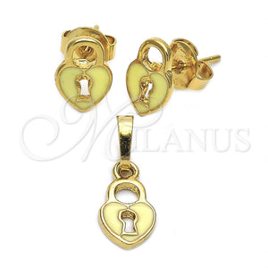 Juego de Arete y Dije de Nino 10.64.0003 Oro Laminado, Diseño de Corazón, Esmaltado, Tono Dorado