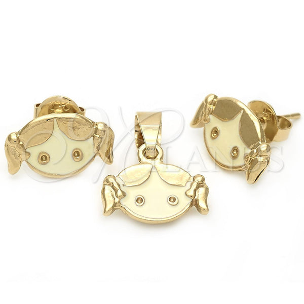 Juego de Arete y Dije de Nino 10.64.0005 Oro Laminado, Diseño de Niñita Pequeña, Esmaltado Blanco, Tono Dorado