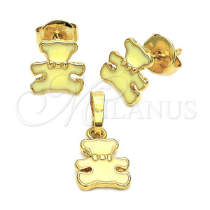 Juego de Arete y Dije de Nino 10.64.0016 Oro Laminado, Diseño de Osito, Esmaltado, Tono Dorado
