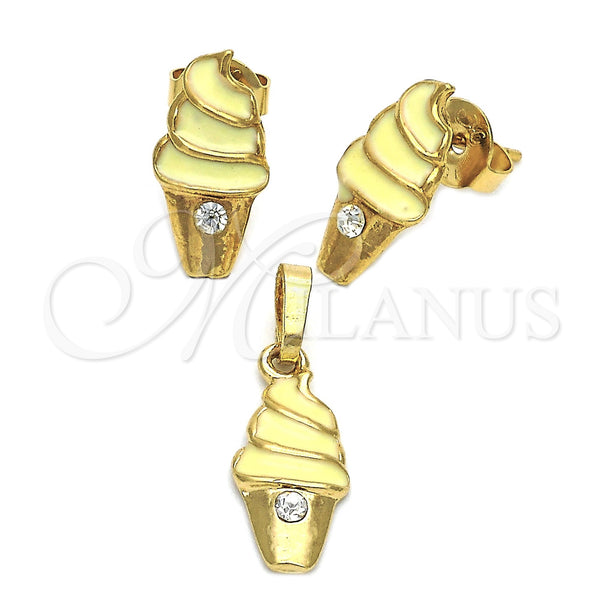 Juego de Arete y Dije de Nino 10.64.0089 Oro Laminado, Diseño de Helado, Esmaltado, Tono Dorado