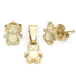 Juego de Arete y Dije de Nino 10.64.0142 Oro Laminado, Diseño de Osito, Esmaltado, Tono Dorado