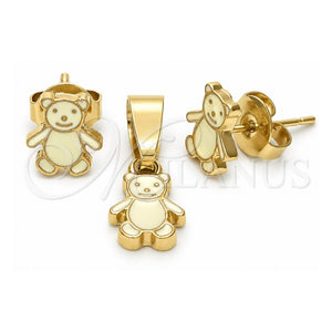 Juego de Arete y Dije de Nino 10.64.0142 Oro Laminado, Diseño de Osito, Esmaltado, Tono Dorado
