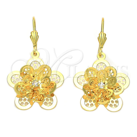 Arete Colgante 5.096.007 Oro Laminado, Diseño de Flor, con Blanca Zirconia Cubica, Pulido, Tono Dorado