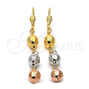 Arete Largo 5.117.014 Oro Laminado, Diseño de Bola y Flor, Diamantado, Tres Tonos
