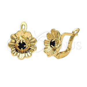 Arete Gancho Frances 5.127.049 Oro Laminado, Diseño de Flor, con Negro Zirconia Cubica, Diamantado, Tono Dorado