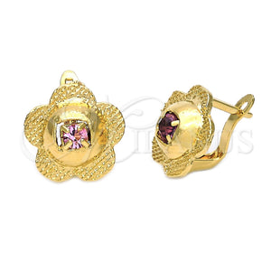 Arete Gancho Frances 5.127.051 Oro Laminado, Diseño de Flor, con Fucsia Zirconia Cubica, Diamantado, Tono Dorado