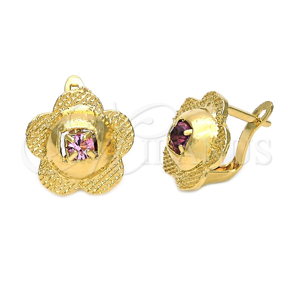 Arete Gancho Frances 5.127.051 Oro Laminado, Diseño de Flor, con Fucsia Zirconia Cubica, Diamantado, Tono Dorado