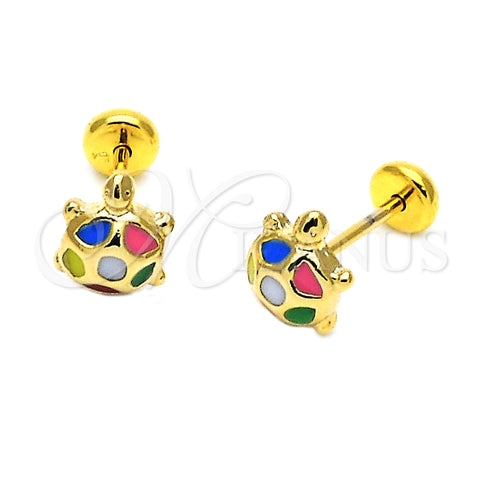 Arete Dormilona 02.09.0023 Oro Laminado, Diseño de Tortuga, Esmaltado Multicolor, Tono Dorado
