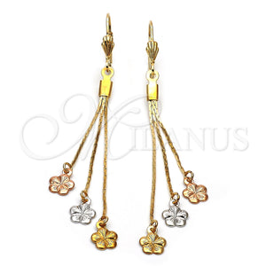 Arete Largo 02.63.2109 Oro Laminado, Diseño de Flor, Diamantado, Tres Tonos