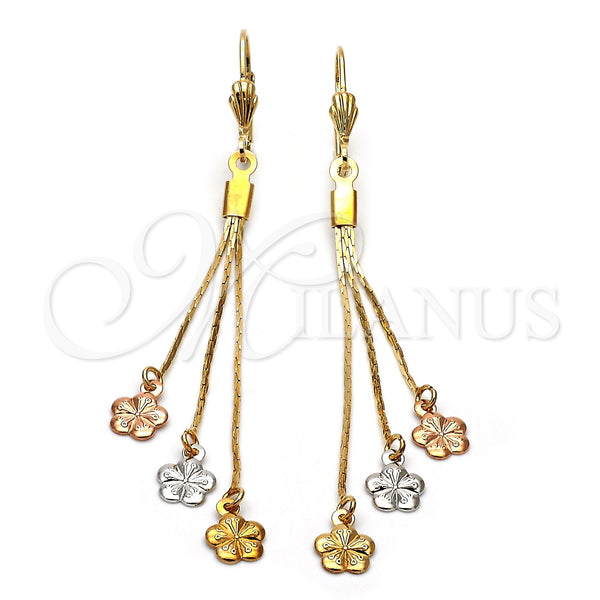 Arete Largo 02.63.2109 Oro Laminado, Diseño de Flor, Diamantado, Tres Tonos
