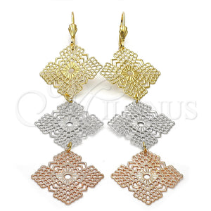 Arete Largo 5.067.005.1 Oro Laminado, Diseño de Flor y File, Diamantado, Tres Tonos
