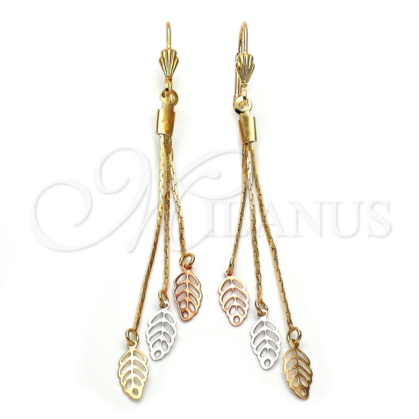 Arete Largo 02.63.2114 Oro Laminado, Diseño de Oja y Long Box, Pulido, Tres Tonos