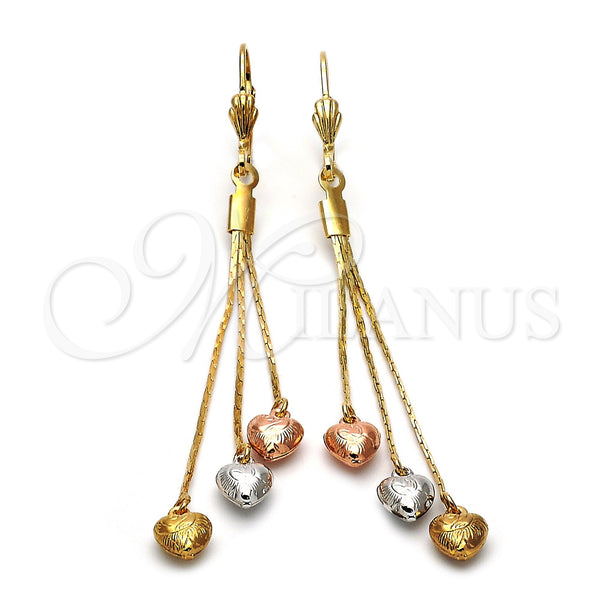 Arete Largo 02.63.2111 Oro Laminado, Diseño de Corazón y Long Box, Diamantado, Tres Tonos