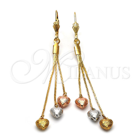 Arete Largo 02.63.2111 Oro Laminado, Diseño de Corazón y Long Box, Diamantado, Tres Tonos