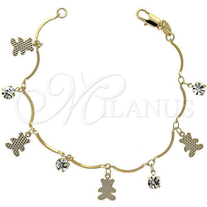 Pulsera de Dije 5.030.011.07 Oro Laminado, Diseño de Osito, con Blanca Zirconia Cubica, Diamantado, Tono Dorado (03 MM Thickness, 7 Inches Length)
