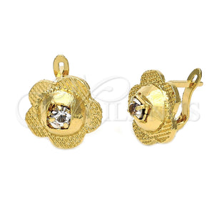 Arete Gancho Frances 5.127.051.2 Oro Laminado, Diseño de Flor, con Blanca Zirconia Cubica, Diamantado, Tono Dorado