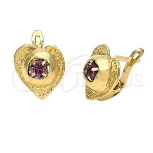 Arete Gancho Frances 5.127.052.1 Oro Laminado, Diseño de Corazón, con Violeta Oscuro Zirconia Cubica, Diamantado, Tono Dorado
