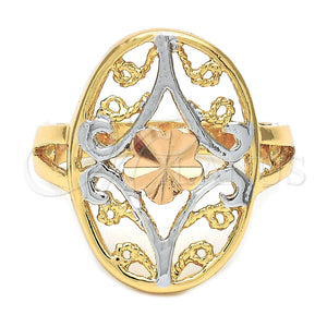 Anillo Elegante 5.175.009.07 Oro Laminado, Diseño de Flor y File, Diamantado, Tres Tonos (Size 7)